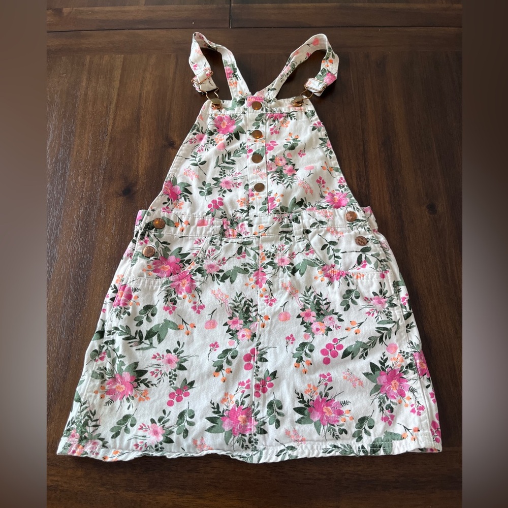 Sunset Sky Cream Floral Girls Overall Dress with Pink & Green Print
